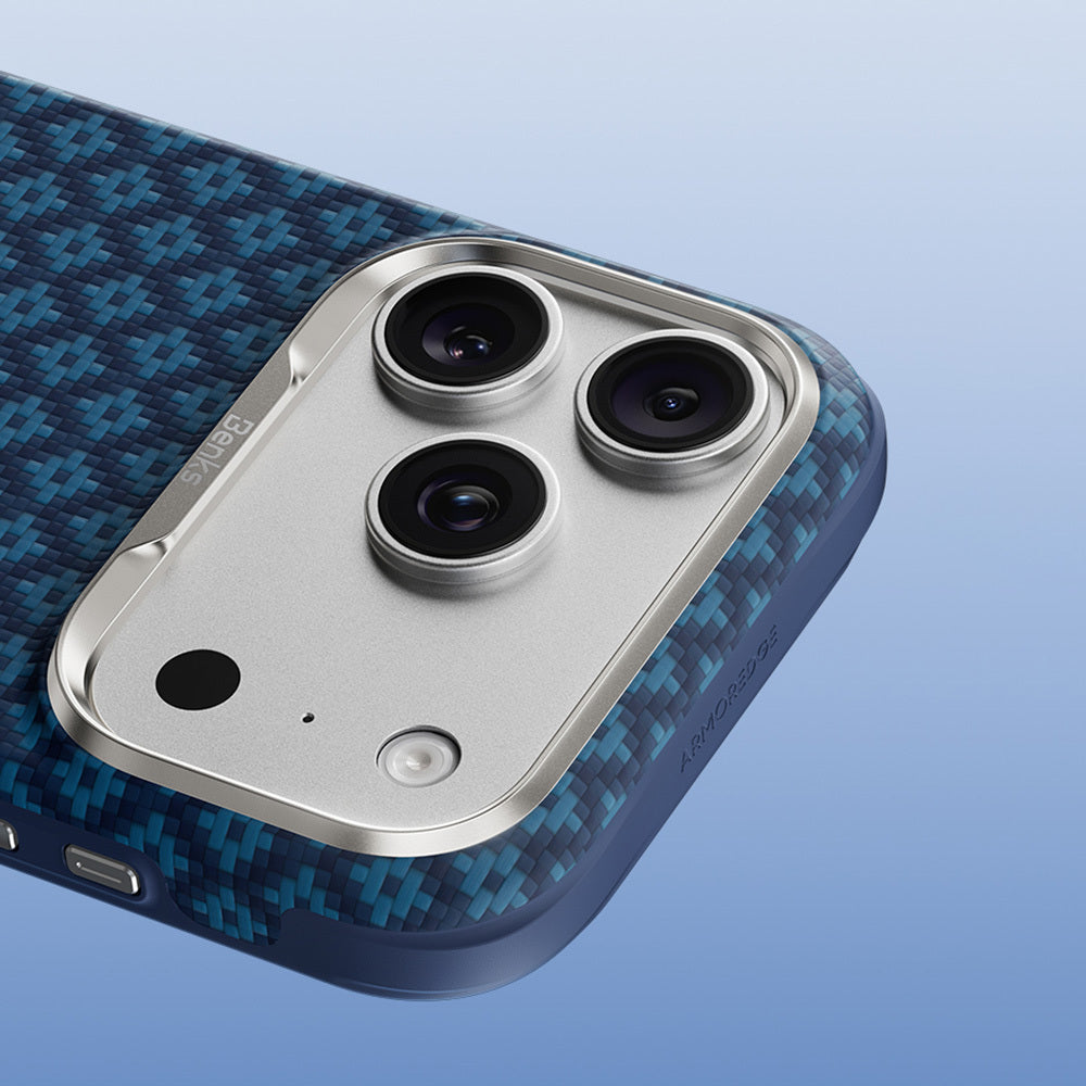 Apple iPhone 17 Pro Kılıf M-Safe Şarj Özellikli Yükseltilmiş Kamera Çerçeveli Benks ArmorGrid ArmorEdge X9 Serisi Kevlar Karbon Kapak Lacivert