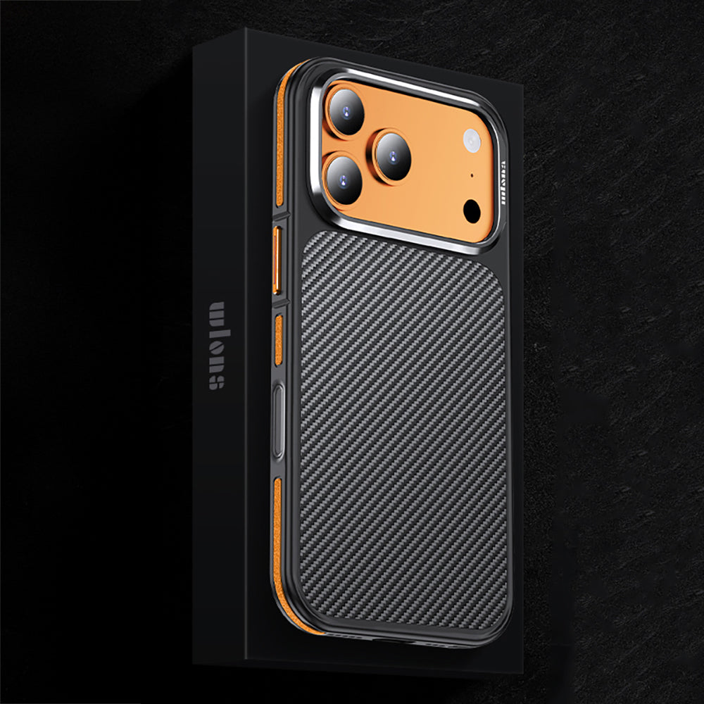 Apple iPhone 17 Pro Kılıf Mat Transparan Karbon Fiber Görünümlü Wlons Marin Kapak Turuncu