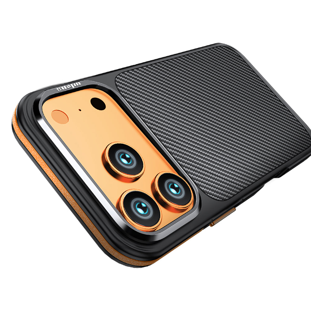 Apple iPhone 17 Pro Kılıf Mat Transparan Karbon Fiber Görünümlü Wlons Marin Kapak Turuncu