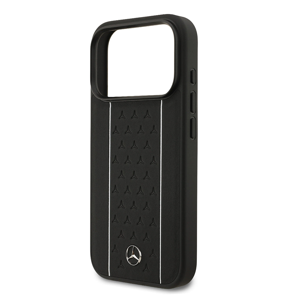 Apple iPhone 17 Pro Kılıf Mercedes Benz Orjinal Lisanslı M-safe Şarj Özellikli Şeritli Yıldız Desenli Metal Logolu Deri Kapak Lacivert