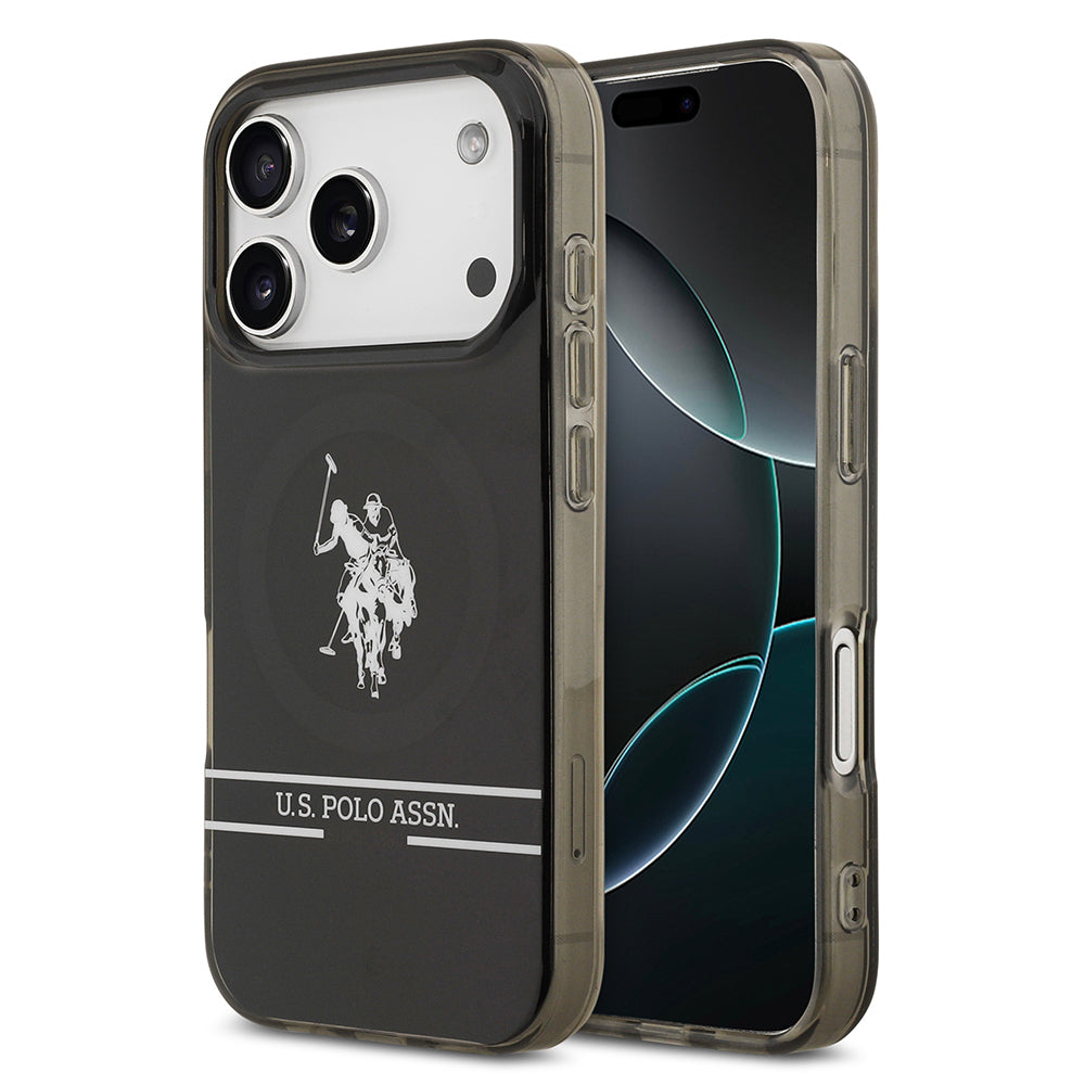 Apple iPhone 17 Pro Kılıf U.S. Polo Assn. Orjinal Lisanslı M-safe Şarj Özellikli IML Double Horse Stripe Logolu Kapak Siyah