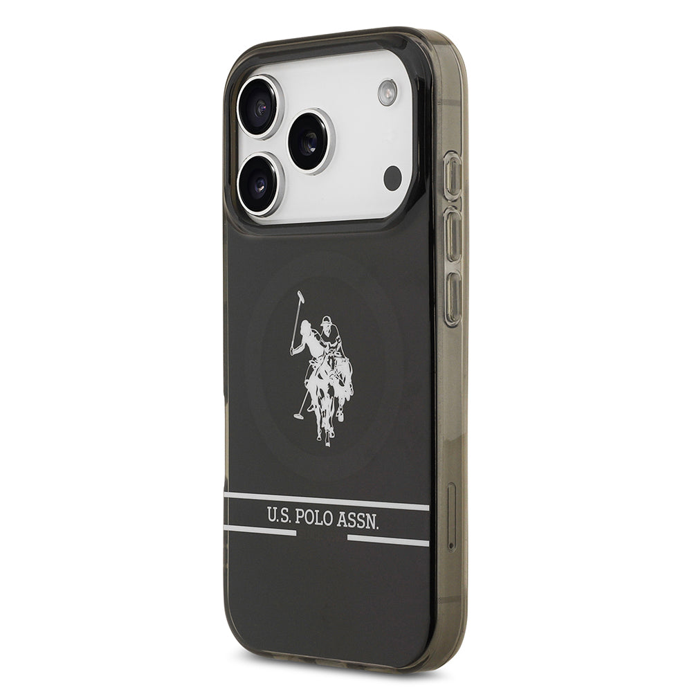 Apple iPhone 17 Pro Kılıf U.S. Polo Assn. Orjinal Lisanslı M-safe Şarj Özellikli IML Double Horse Stripe Logolu Kapak Siyah
