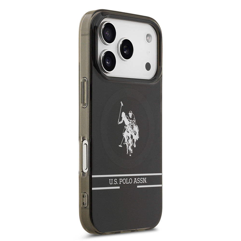 Apple iPhone 17 Pro Kılıf U.S. Polo Assn. Orjinal Lisanslı M-safe Şarj Özellikli IML Double Horse Stripe Logolu Kapak Siyah