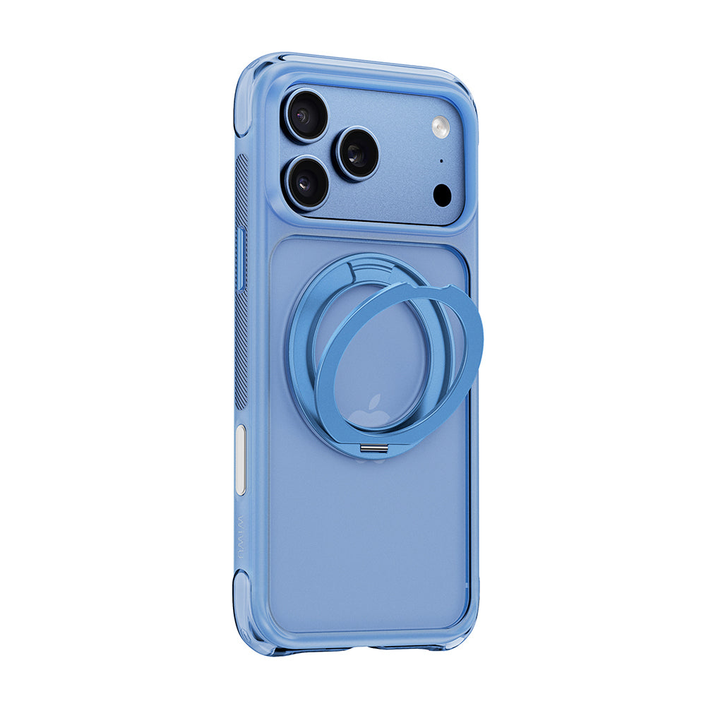 Apple iPhone 17 Pro Kılıf Wiwu AG-203 AeroGuard Ultra Serisi M-safe Şarj Özellikli Airbag Tasarımlı Standlı Kapak Açık Mavi