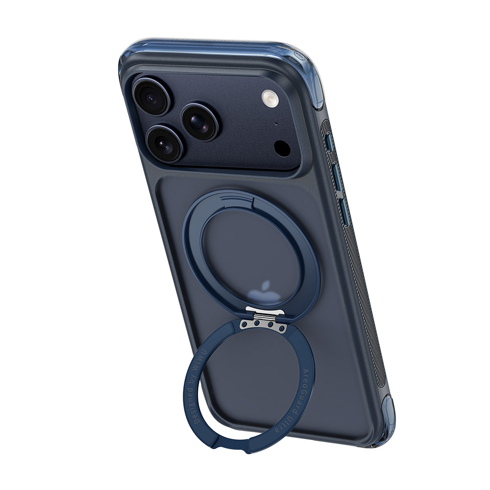 Apple iPhone 17 Pro Kılıf Wiwu AG-203 AeroGuard Ultra Serisi M-safe Şarj Özellikli Airbag Tasarımlı Standlı Kapak Lacivert