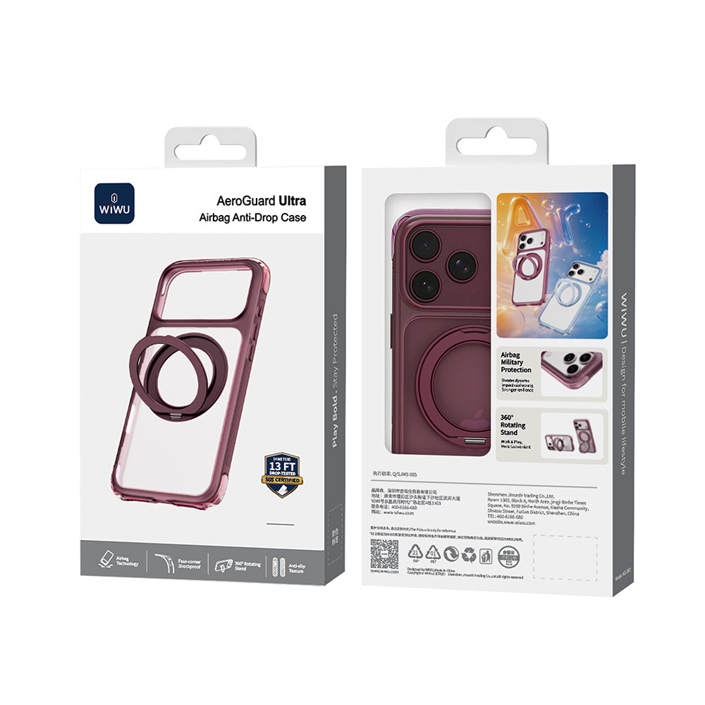 Apple iPhone 17 Pro Kılıf Wiwu AG-203 AeroGuard Ultra Serisi M-safe Şarj Özellikli Airbag Tasarımlı Standlı Kapak Bordo