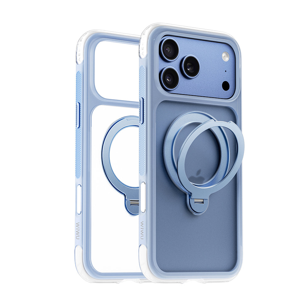 Apple iPhone 17 Pro Kılıf Wiwu AS-203 AeroShield Ultra Serisi M-safe Şarj Özellikli Airbag Tasarımlı Standlı Kapak Açık Mavi