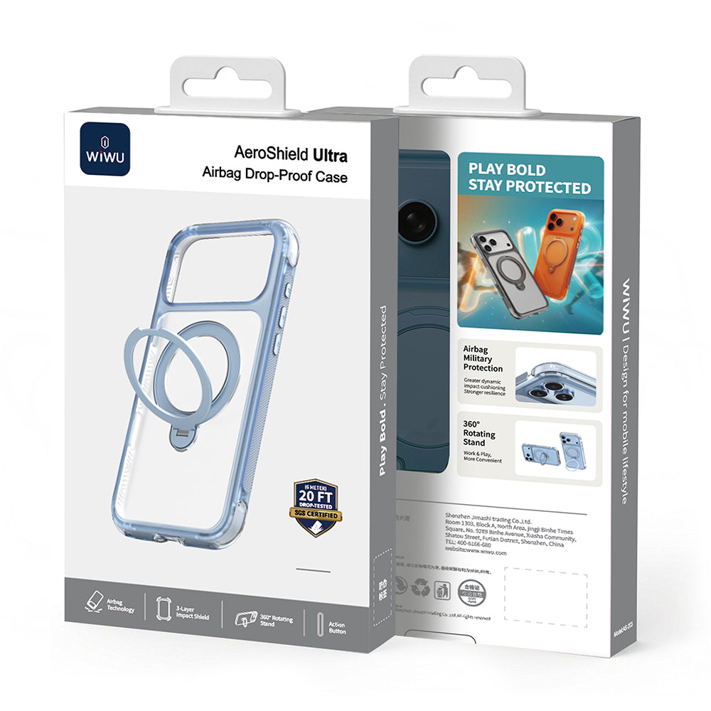 Apple iPhone 17 Pro Kılıf Wiwu AS-203 AeroShield Ultra Serisi M-safe Şarj Özellikli Airbag Tasarımlı Standlı Kapak Açık Mavi
