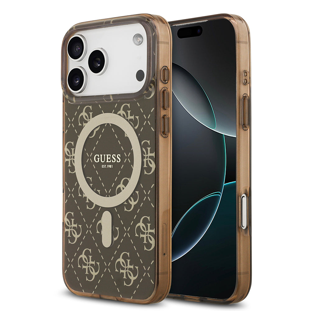 Apple iPhone 17 Pro Max Kılıf Guess Orjinal Lisanslı M-safe Şarj Özellikli IML Baskılı Klasik Logolu 4G Desenli Kapak Kahverengi