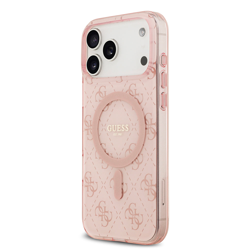 Apple iPhone 17 Pro Max Kılıf Guess Orjinal Lisanslı M-safe Şarj Özellikli IML Baskılı Klasik Logolu 4G Desenli Kapak Pembe