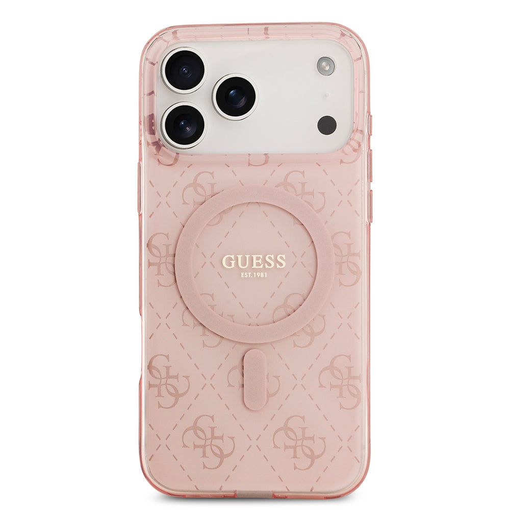 Apple iPhone 17 Pro Max Kılıf Guess Orjinal Lisanslı M-safe Şarj Özellikli IML Baskılı Klasik Logolu 4G Desenli Kapak Pembe