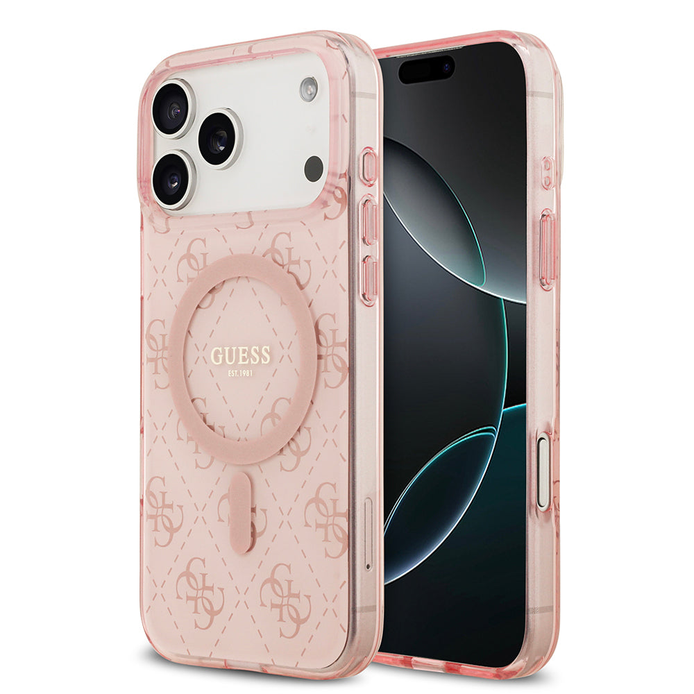 Apple iPhone 17 Pro Max Kılıf Guess Orjinal Lisanslı M-safe Şarj Özellikli IML Baskılı Klasik Logolu 4G Desenli Kapak Pembe