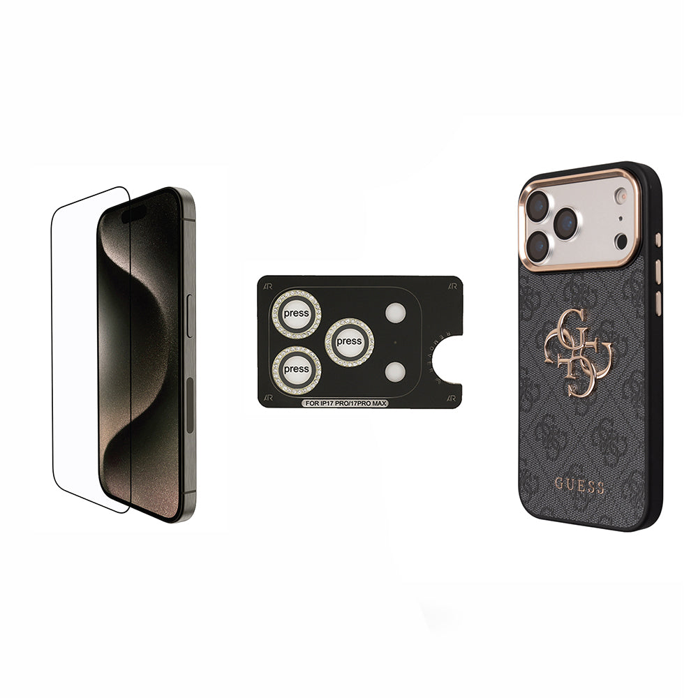 Apple iPhone 17 Pro Max Guess Orjinal Lisanslı Büyük 4G ve Yazı Logolu Kılıf + Ekran Koruyucu + Lens Koruyucu 3in1 Aksesuar Seti Siyah