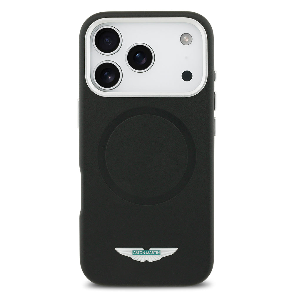 Apple iPhone 17 Pro Max Kılıf Aston Martin Orjinal Lisanslı M-safe Şarj Özellikli Metal Logolu PU Deri Kapak Siyah
