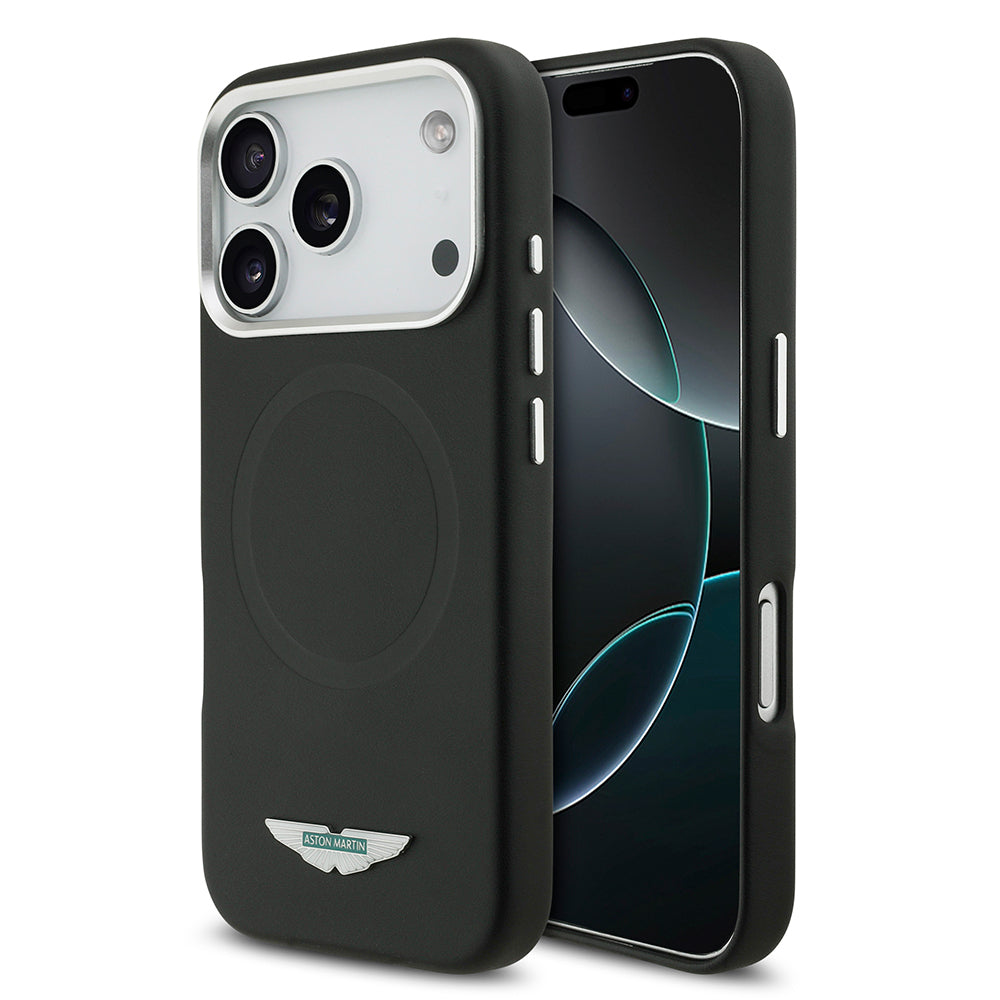 Apple iPhone 17 Pro Max Kılıf Aston Martin Orjinal Lisanslı M-safe Şarj Özellikli Metal Logolu PU Deri Kapak Siyah