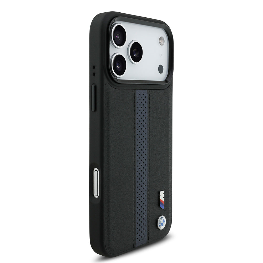 Apple iPhone 17 Pro Max Kılıf BMW Orjinal Lisanslı M-safe Şarj Özellikli Deri Arka Yüzey Metal Logolu Delikli Şerit Tasarımlı Kapak Mavi