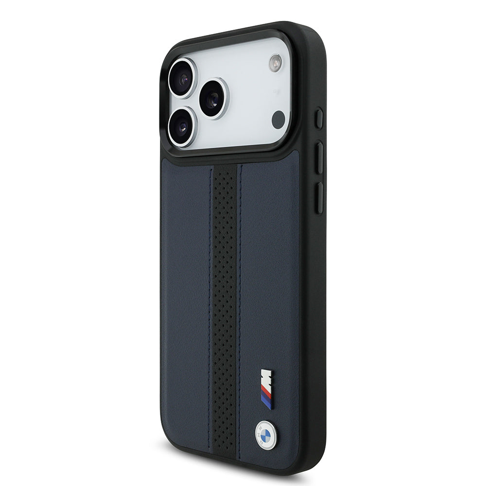 Apple iPhone 17 Pro Max Kılıf BMW Orjinal Lisanslı M-safe Şarj Özellikli Deri Arka Yüzey Metal Logolu Delikli Şerit Tasarımlı Kapak Lacivert