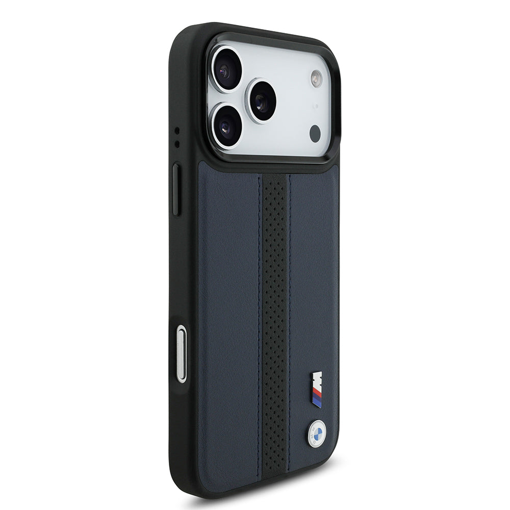 Apple iPhone 17 Pro Max Kılıf BMW Orjinal Lisanslı M-safe Şarj Özellikli Deri Arka Yüzey Metal Logolu Delikli Şerit Tasarımlı Kapak Mavi