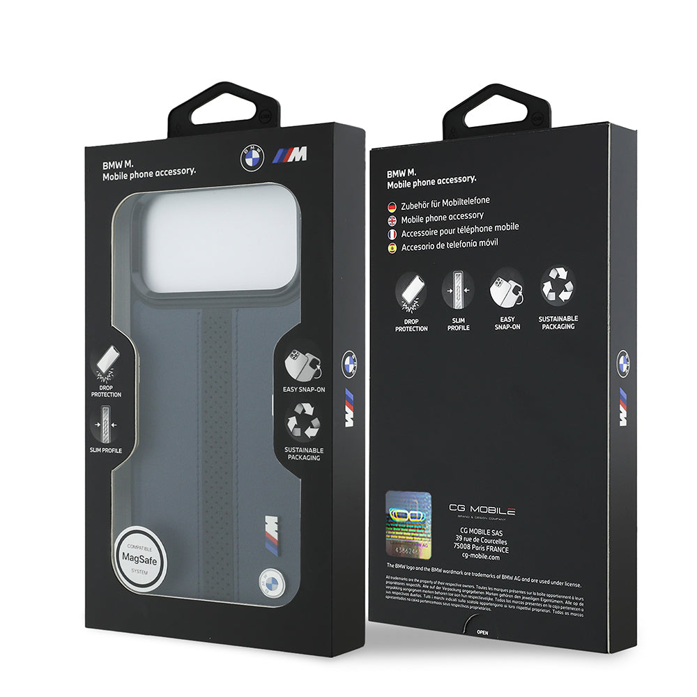 Apple iPhone 17 Pro Max Kılıf BMW Orjinal Lisanslı M-safe Şarj Özellikli Deri Arka Yüzey Metal Logolu Delikli Şerit Tasarımlı Kapak Lacivert