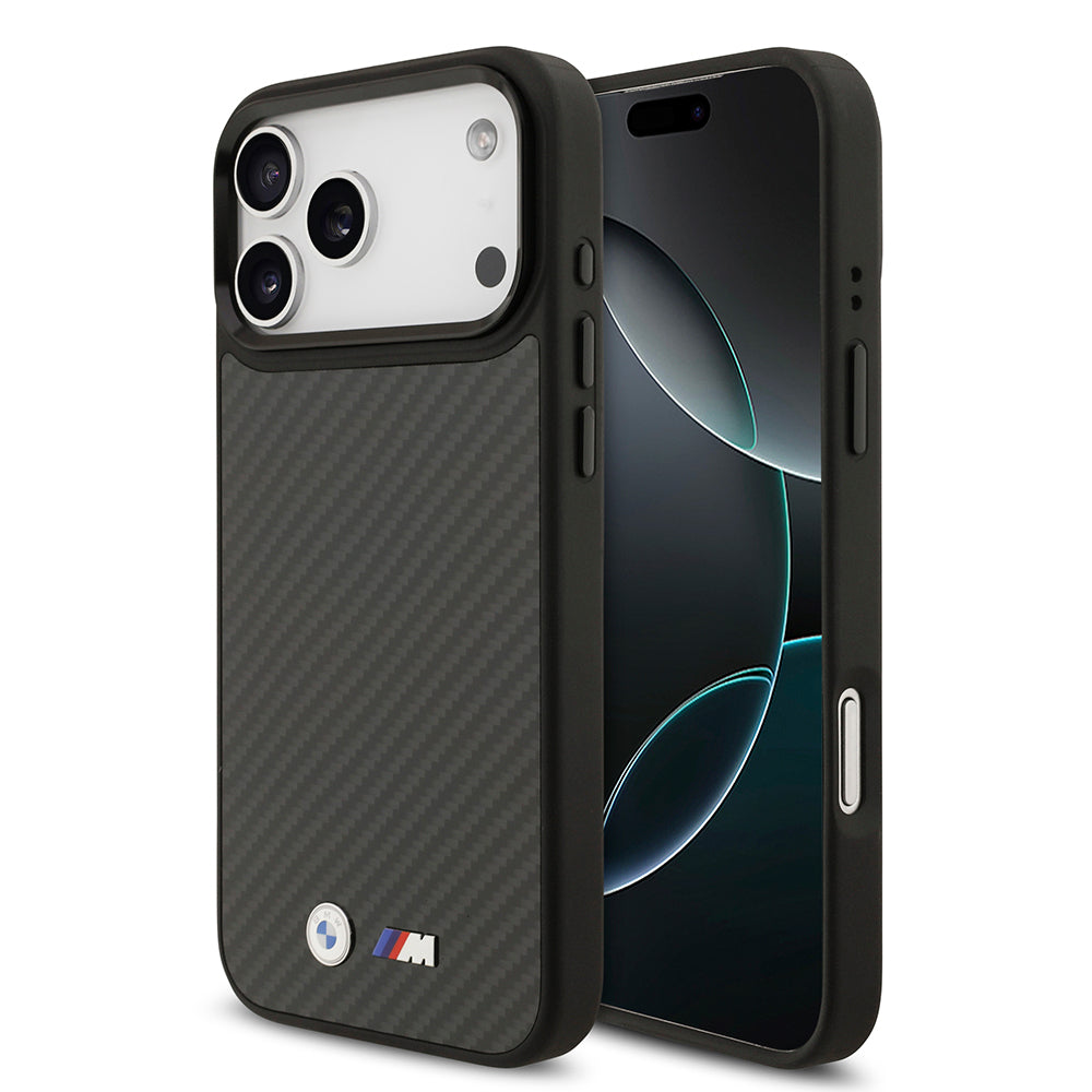Apple iPhone 17 Pro Max Kılıf BMW Orjinal Lisanslı M-safe Şarj Özellikli Karbon Fiber Metal Logolu Kevlar Kapak Siyah