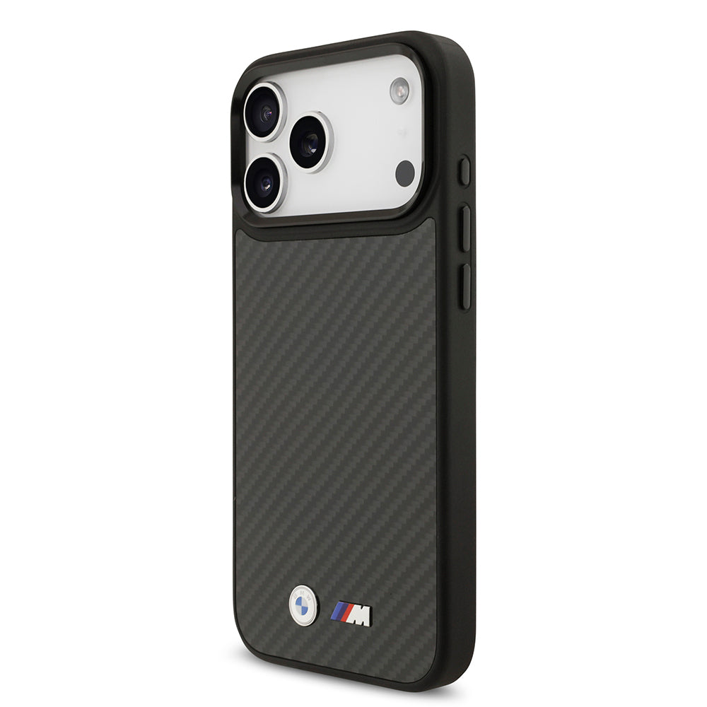 Apple iPhone 17 Pro Max Kılıf BMW Orjinal Lisanslı M-safe Şarj Özellikli Karbon Fiber Metal Logolu Kevlar Kapak Siyah