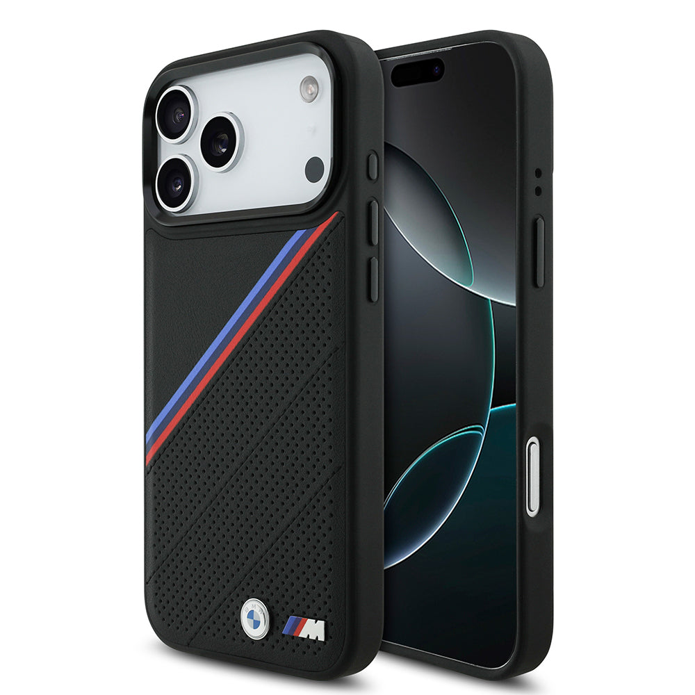 Apple iPhone 17 Pro Max Kılıf BMW Orjinal Lisanslı M-safe Şarj Özellikli M Logolu Üç Şeritli Delikli Deri Kapak Siyah