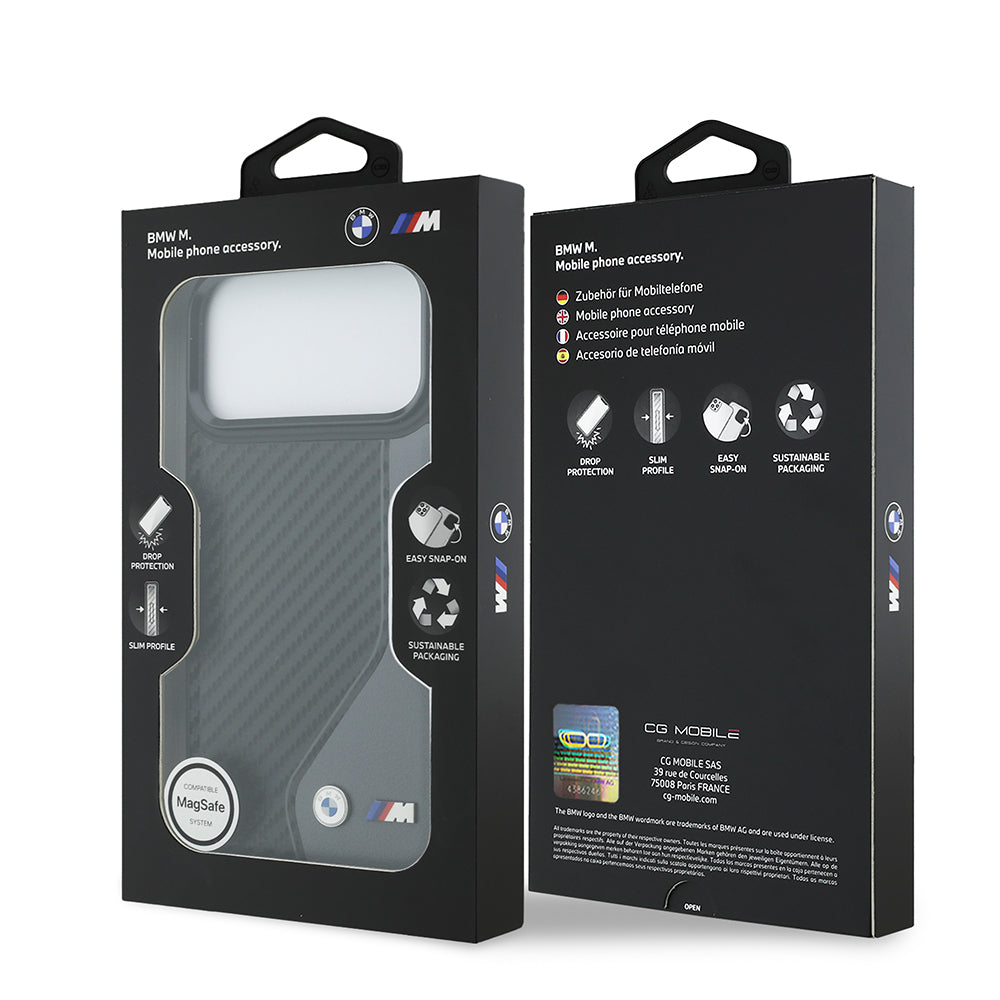 Apple iPhone 17 Pro Max Kılıf BMW Orjinal Lisanslı M-safe Şarj Özellikli Metal BMW ve M Logolu PU Karbon Tasarımlı Kapak Siyah