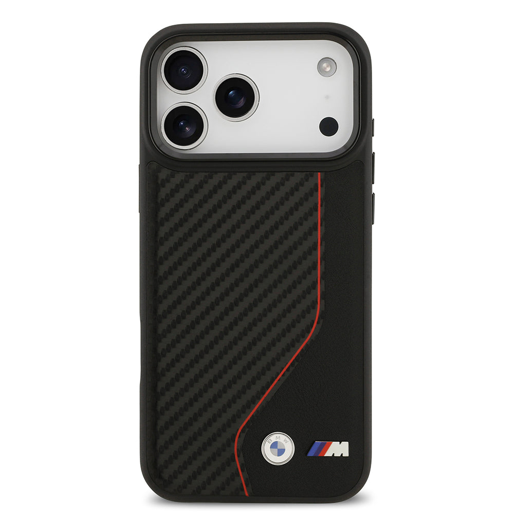 Apple iPhone 17 Pro Max Kılıf BMW Orjinal Lisanslı M-safe Şarj Özellikli Metal BMW ve M Logolu PU Karbon Tasarımlı Kapak Kırmızı