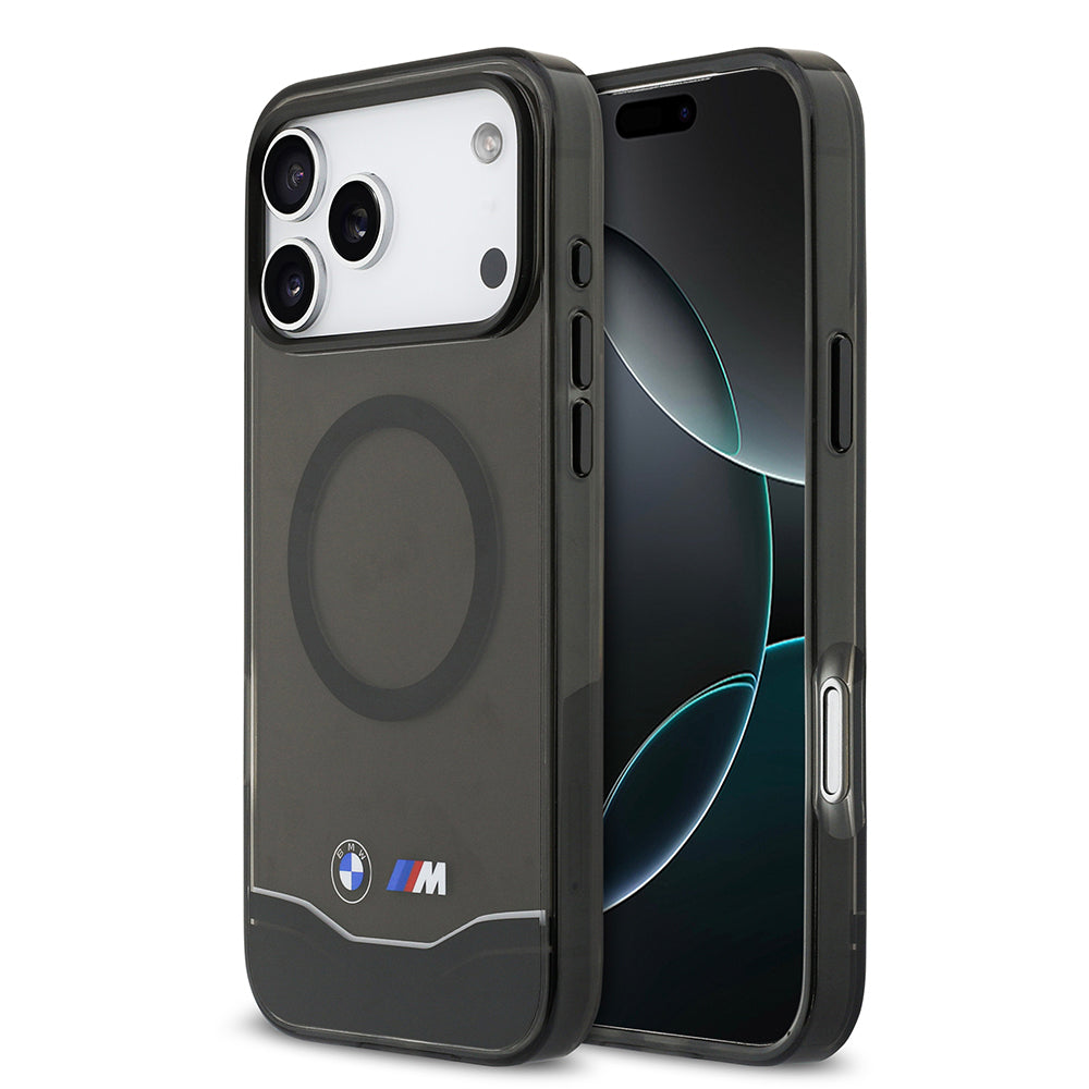 Apple iPhone 17 Pro Max Kılıf BMW Orjinal Lisanslı M-safe Şarj Özellikli Metal Buton Tasarımlı Tranparan M Dizayn Kapak Siyah