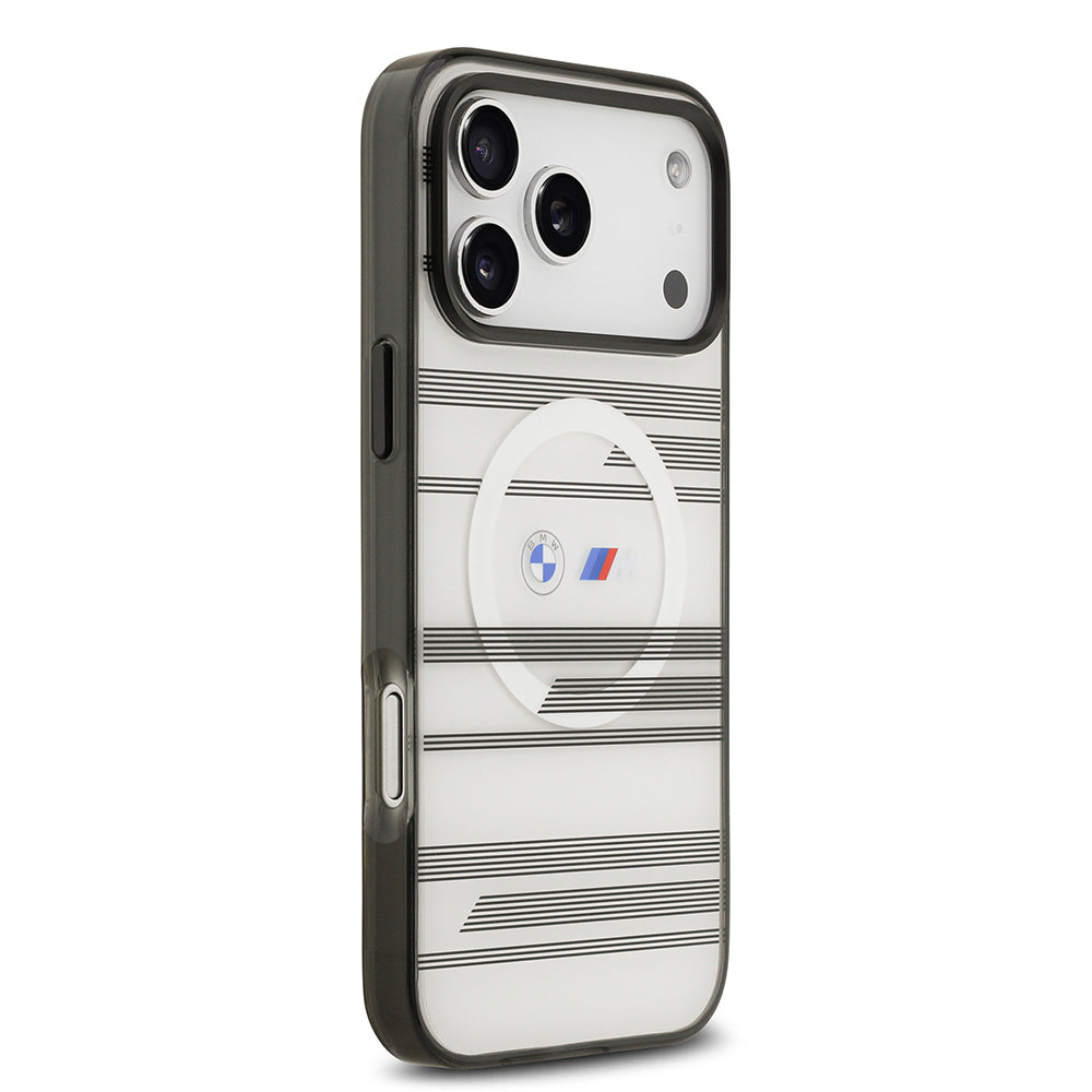 Apple iPhone 17 Pro Max Kılıf BMW Orjinal Lisanslı M-safe Şarj Özellikli Metal Kamera Butonlu Yatay Şeritli M Dizayn Kapak Gümüş