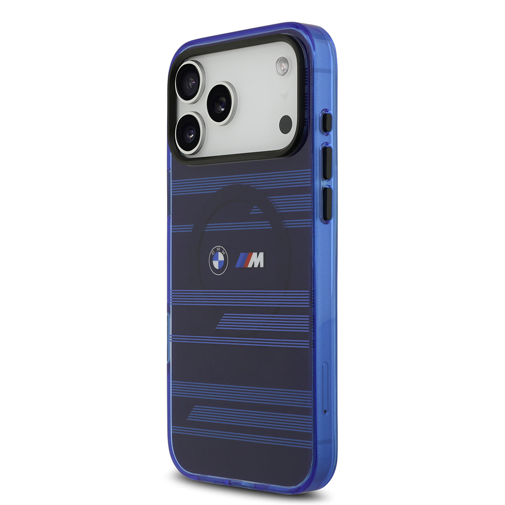 Apple iPhone 17 Pro Max Kılıf BMW Orjinal Lisanslı M-safe Şarj Özellikli Metal Kamera Butonlu Yatay Şeritli M Dizayn Kapak Mavi