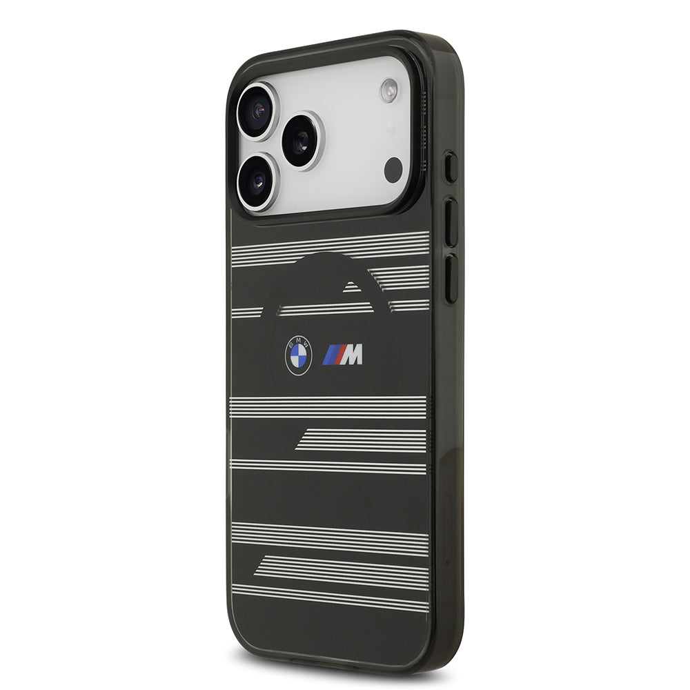 Apple iPhone 17 Pro Max Kılıf BMW Orjinal Lisanslı M-safe Şarj Özellikli Metal Kamera Butonlu Yatay Şeritli M Dizayn Kapak Siyah