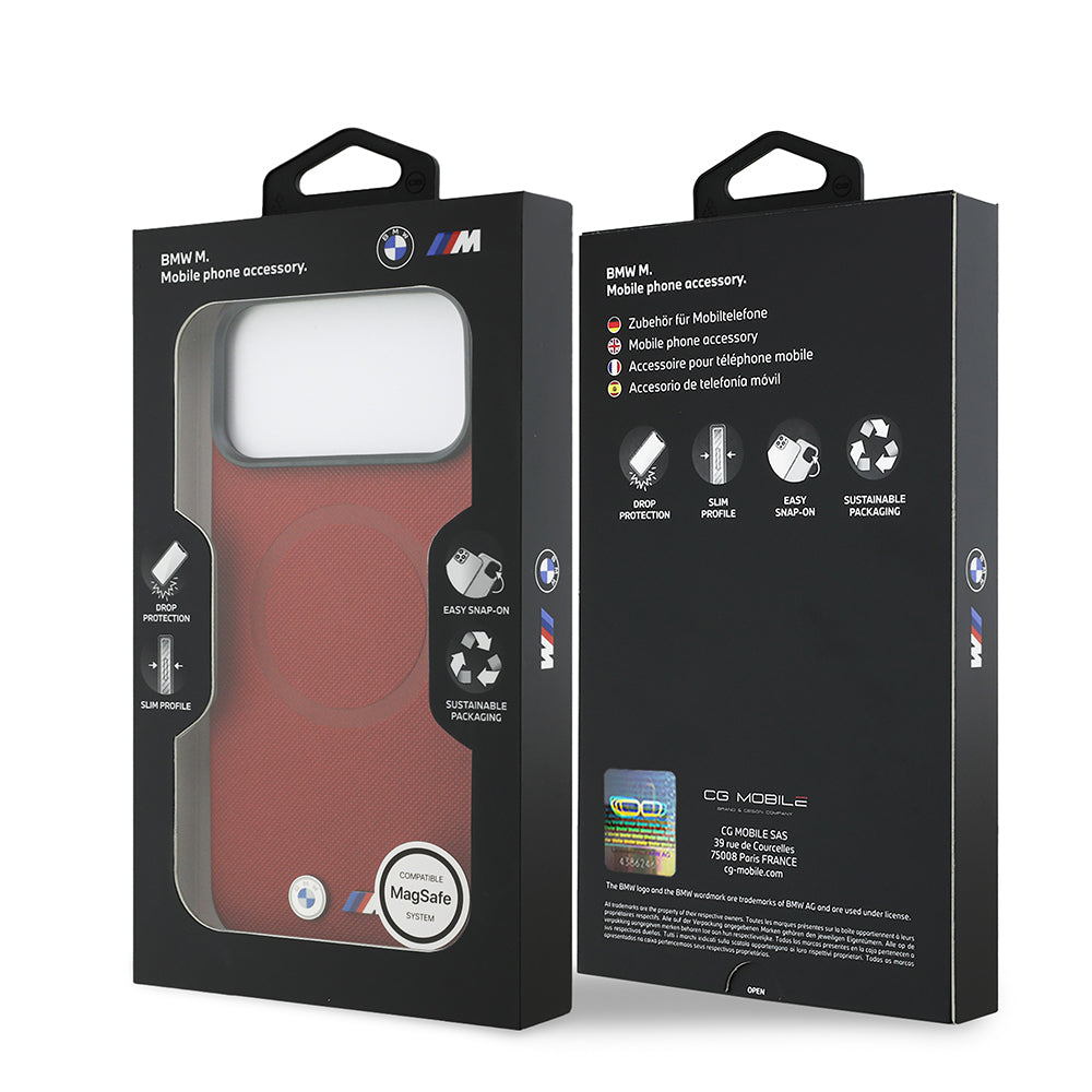 Apple iPhone 17 Pro Max Kılıf BMW Orjinal Lisanslı M-safe Şarj Özellikli Metal Logolu Delikli M Dizayn Deri Kapak Kırmızı