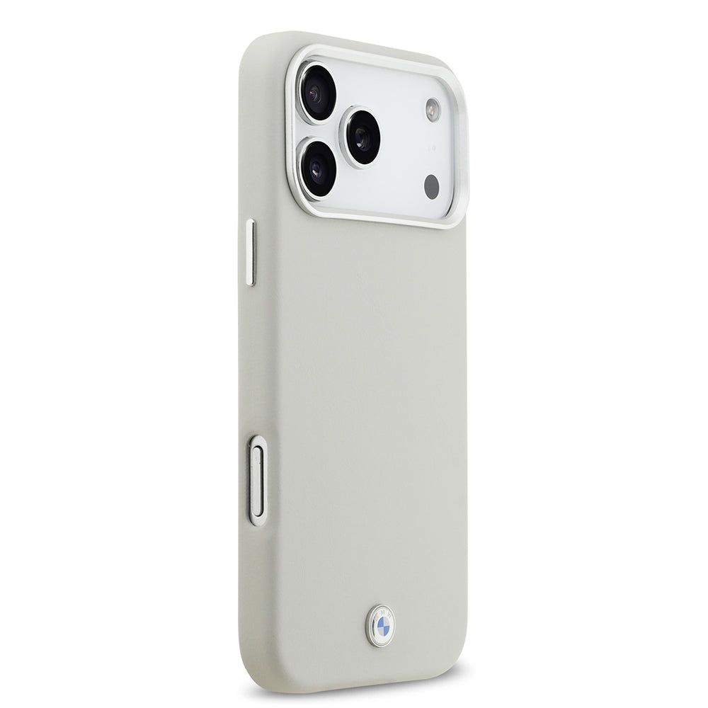 Apple iPhone 17 Pro Max Kılıf BMW Orjinal Lisanslı M-safe Şarj Özellikli Metal Logolu Tam Kaplama Deri Kapak Gri