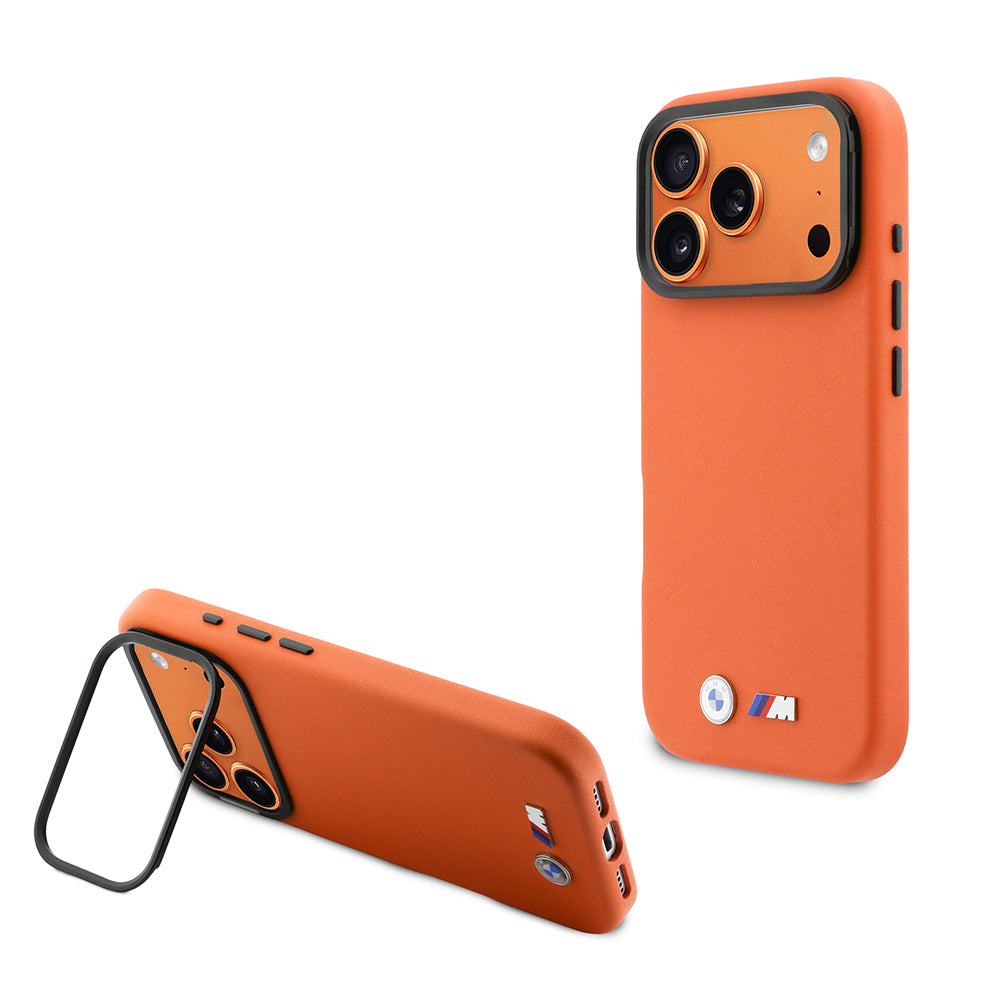 Apple iPhone 17 Pro Max Kılıf BMW Orjinal Lisanslı M-safe Şarj Özellikli Standlı Metal Kamera Çerçeveli M Logolu PU Deri Kapak Turuncu