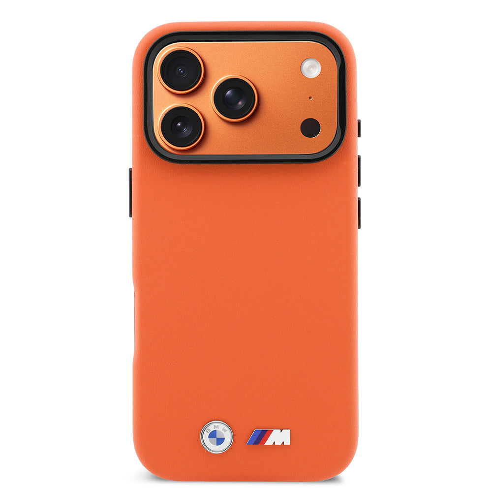 Apple iPhone 17 Pro Max Kılıf BMW Orjinal Lisanslı M-safe Şarj Özellikli Standlı Metal Kamera Çerçeveli M Logolu PU Deri Kapak Turuncu