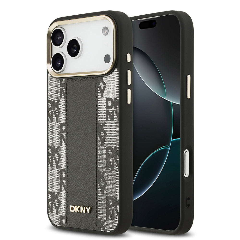 Apple iPhone 17 Pro Max Kılıf DKNY Orjinal Lisanslı M-safe Şarj Özellikli 3D Yazılı Checkered Pattern Kapak Siyah