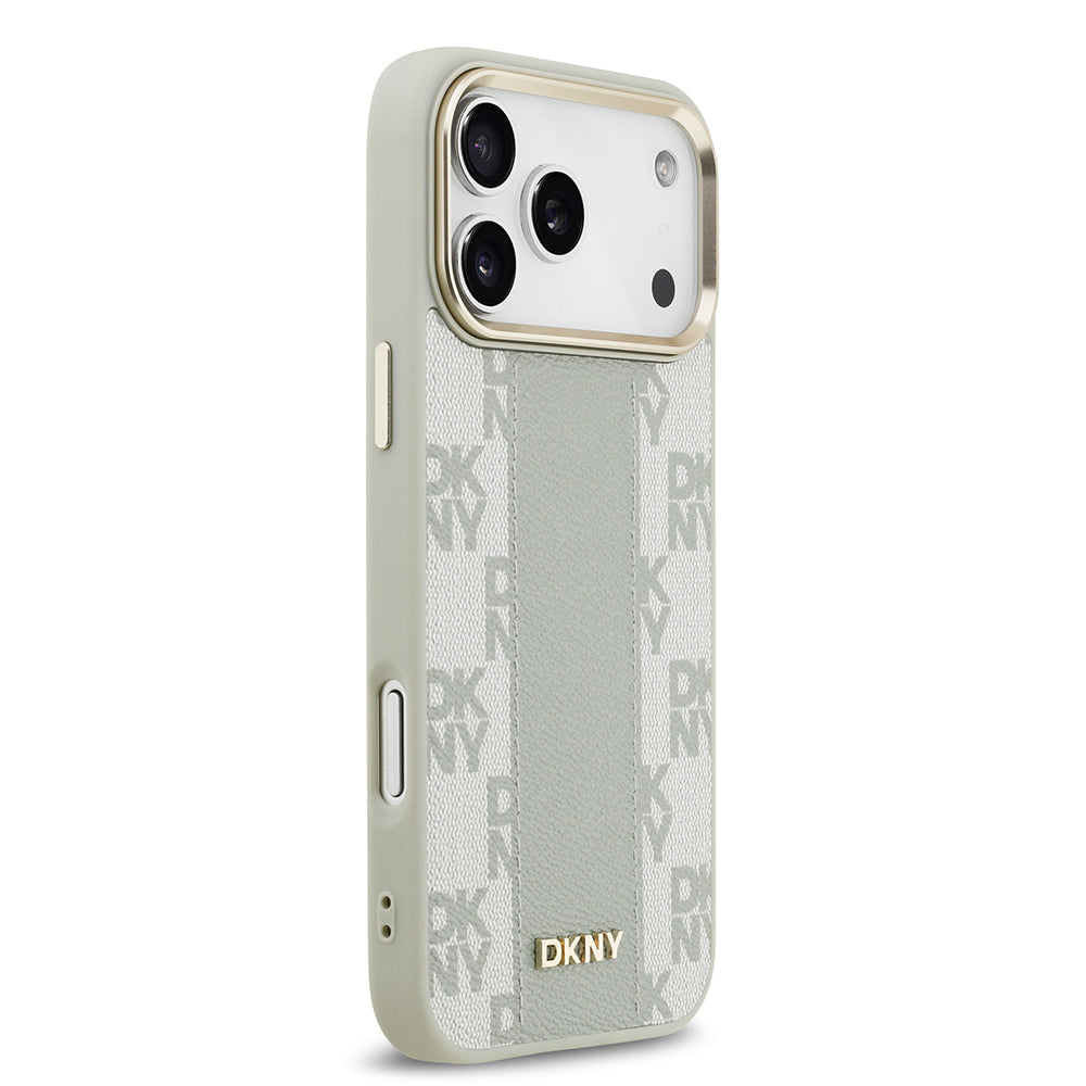 Apple iPhone 17 Pro Max Kılıf DKNY Orjinal Lisanslı M-safe Şarj Özellikli 3D Yazılı Checkered Pattern Kapak Bej