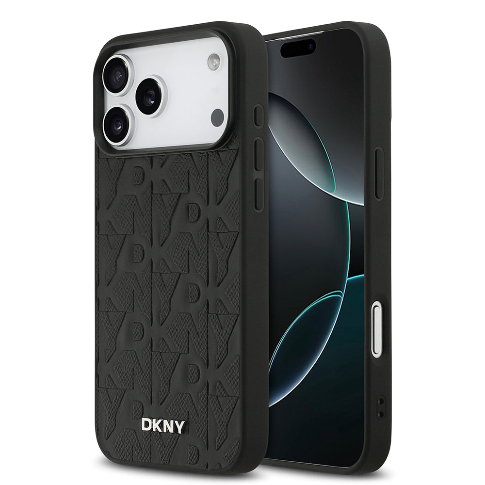 Apple iPhone 17 Pro Max Kılıf DKNY Orjinal Lisanslı M-safe Şarj Özellikli 3D Yazılı Grid Pattern Kapak Siyah