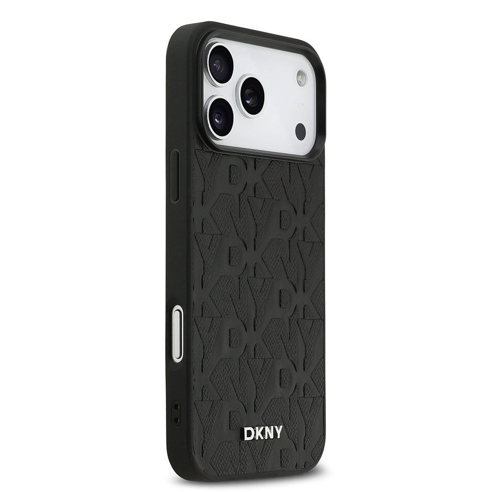 Apple iPhone 17 Pro Max Kılıf DKNY Orjinal Lisanslı M-safe Şarj Özellikli 3D Yazılı Grid Pattern Kapak Siyah