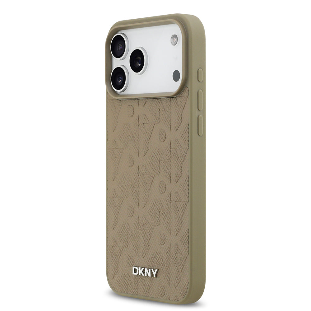 Apple iPhone 17 Pro Max Kılıf DKNY Orjinal Lisanslı M-safe Şarj Özellikli 3D Yazılı Grid Pattern Kapak Kahverengi