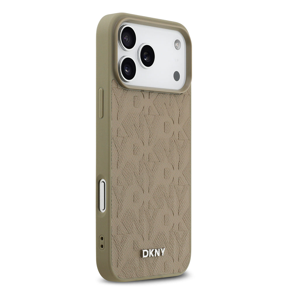 Apple iPhone 17 Pro Max Kılıf DKNY Orjinal Lisanslı M-safe Şarj Özellikli 3D Yazılı Grid Pattern Kapak Kahverengi
