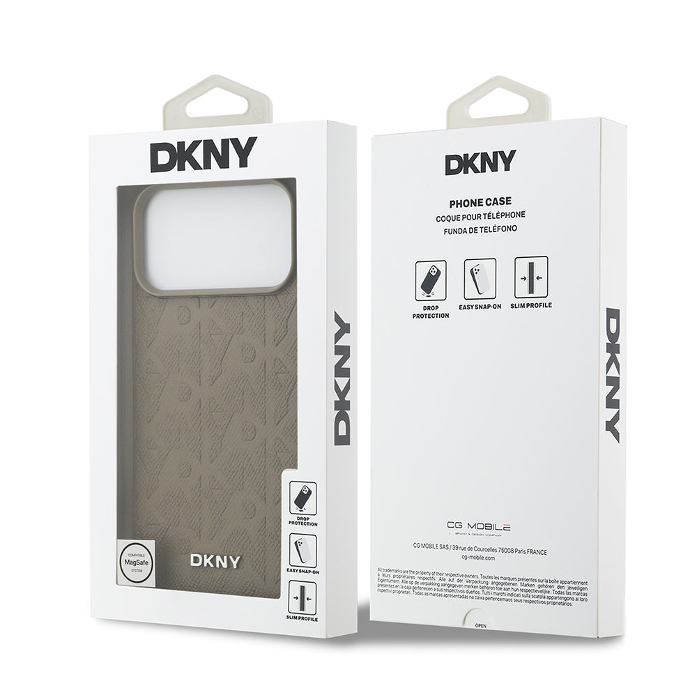 Apple iPhone 17 Pro Max Kılıf DKNY Orjinal Lisanslı M-safe Şarj Özellikli 3D Yazılı Grid Pattern Kapak Kahverengi
