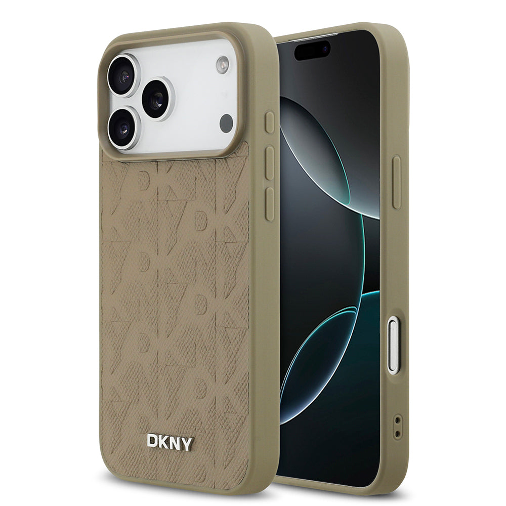 Apple iPhone 17 Pro Max Kılıf DKNY Orjinal Lisanslı M-safe Şarj Özellikli 3D Yazılı Grid Pattern Kapak Kahverengi