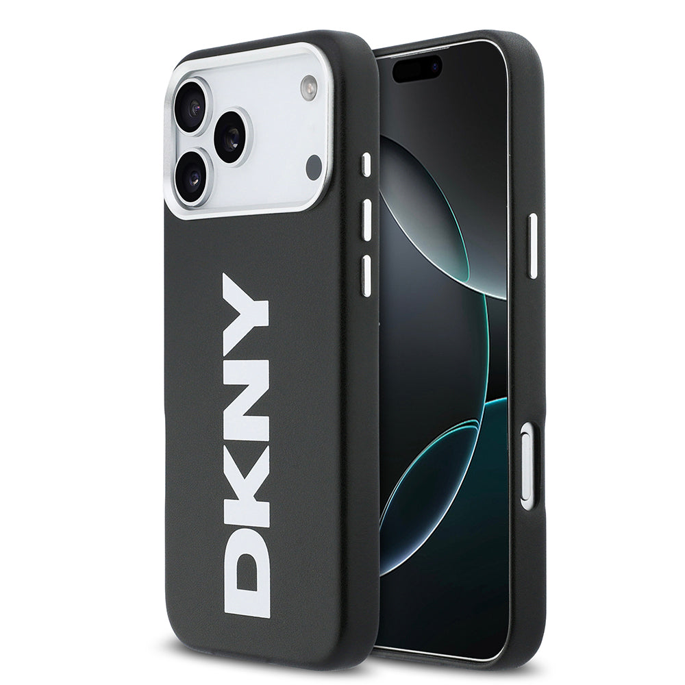 Apple iPhone 17 Pro Max Kılıf DKNY Orjinal Lisanslı M-safe Şarj Özellikli PU Büyük Dikey Logolu Kapak Siyah