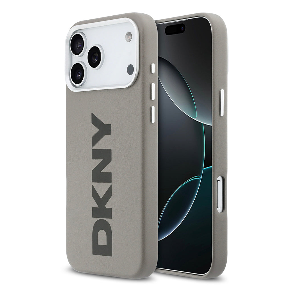 Apple iPhone 17 Pro Max Kılıf DKNY Orjinal Lisanslı M-safe Şarj Özellikli PU Büyük Dikey Logolu Kapak Bej