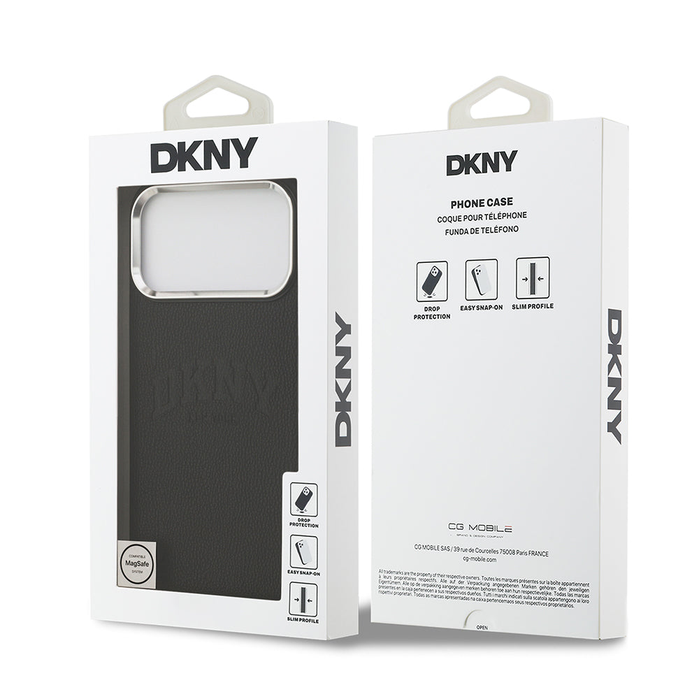 Apple iPhone 17 Pro Max Kılıf DKNY Orjinal Lisanslı M-safe Şarj Özellikli PU Deri Kabartmalı Kapak Siyah