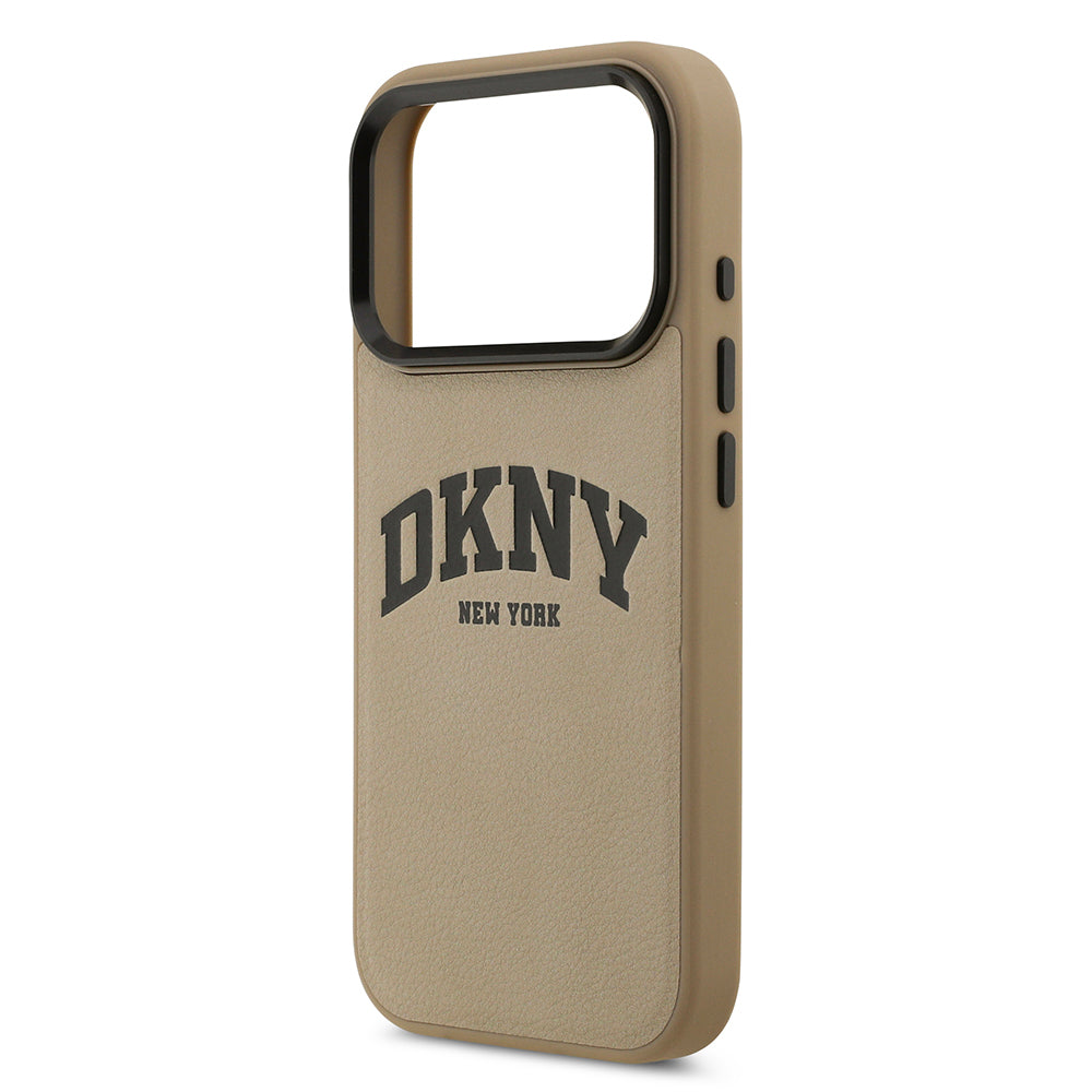 Apple iPhone 17 Pro Max Kılıf DKNY Orjinal Lisanslı M-safe Şarj Özellikli PU Deri Kabartmalı Kapak Bej