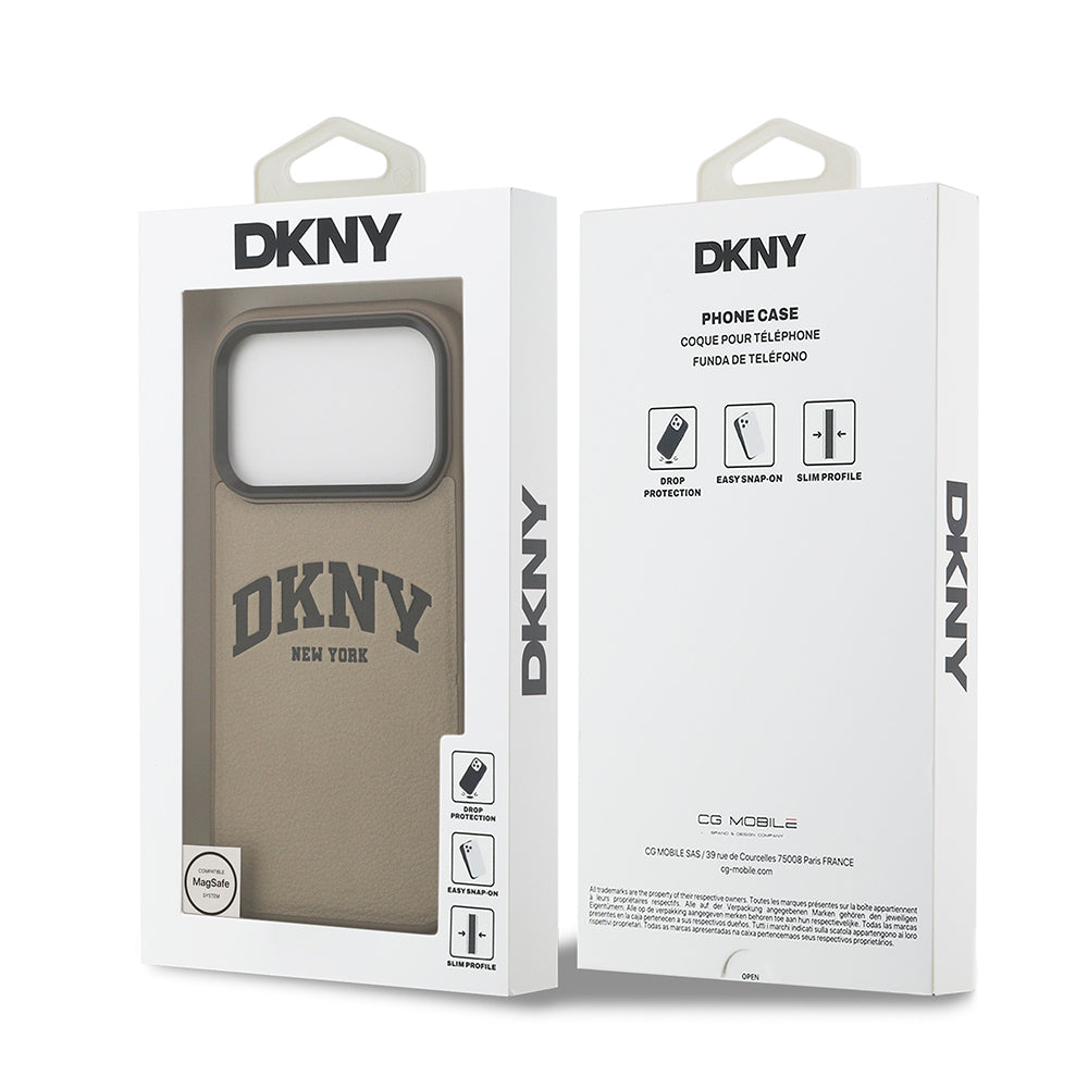 Apple iPhone 17 Pro Max Kılıf DKNY Orjinal Lisanslı M-safe Şarj Özellikli PU Deri Kabartmalı Kapak Bej
