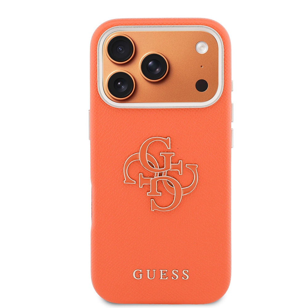 Apple iPhone 17 Pro Max Kılıf Guess Orjinal Lisanslı 4G Büyük Metal Kamera Çerçeveli PU Deri Resin Kapak Turuncu